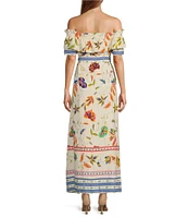 Sugarlips Floral Print Linen Ruffle Off the Shoulder Short Sleeve Maxi Dress
