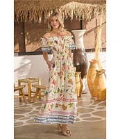 Sugarlips Floral Print Linen Ruffle Off the Shoulder Short Sleeve Maxi Dress