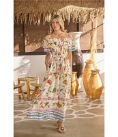 Sugarlips Floral Print Linen Ruffle Off the Shoulder Short Sleeve Maxi Dress