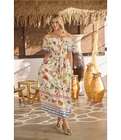 Sugarlips Floral Print Linen Ruffle Off the Shoulder Short Sleeve Maxi Dress