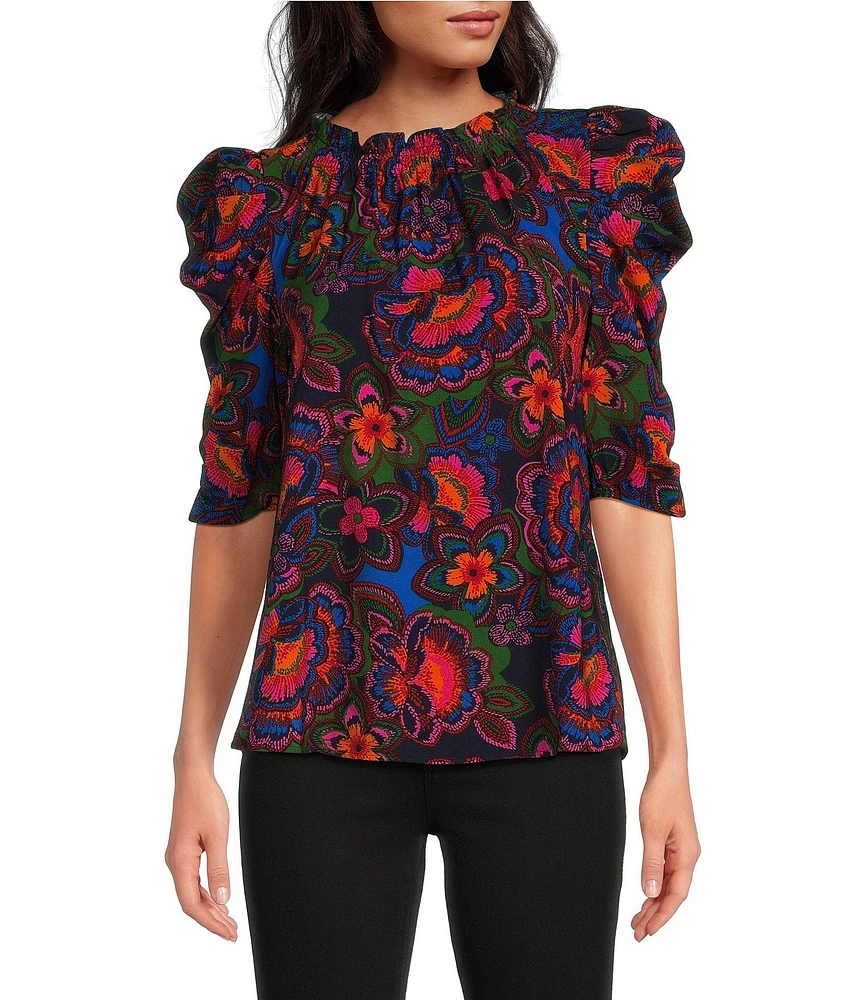 Sugarlips Floral Print Mock Neck 3/4 Puff Sleeve Top