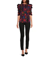 Sugarlips Floral Print Mock Neck 3/4 Puff Sleeve Top