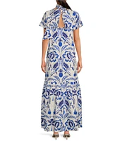 Sugarlips Floral Print Mock Neck Short Sleeve Maxi Dress