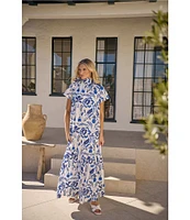 Sugarlips Floral Print Mock Neck Short Sleeve Maxi Dress
