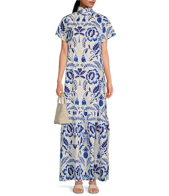 Sugarlips Floral Print Mock Neck Short Sleeve Maxi Dress