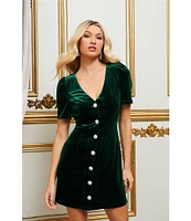 Sugarlips Jackson Velvet V-Neck Short Sleeve Button Front Mini Dress