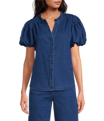 Sugarlips Jamie Stretch Denim Jayla Split Neck Short Puff Sleeves Button Front Coordinating Shirt