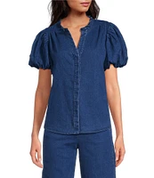 Sugarlips Jamie Stretch Denim Jayla Split Neck Short Puff Sleeves Button Front Coordinating Shirt