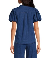 Sugarlips Jamie Stretch Denim Jayla Split Neck Short Puff Sleeves Button Front Coordinating Shirt