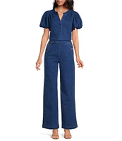 Sugarlips Jamie Stretch Denim Jayla Split Neck Short Puff Sleeves Button Front Coordinating Shirt