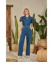 Sugarlips Jamie Stretch Denim Jayla Split Neck Short Puff Sleeves Button Front Coordinating Shirt