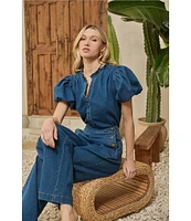 Sugarlips Jamie Stretch Denim Jayla Split Neck Short Puff Sleeves Button Front Coordinating Shirt
