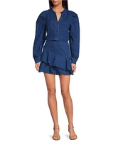 Sugarlips Jamie Stretch Denim Ruffle Split Neck Puff Sleeve Button Front Coordinating Shirt