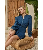 Sugarlips Jamie Stretch Denim Ruffle Split Neck Puff Sleeve Button Front Coordinating Shirt