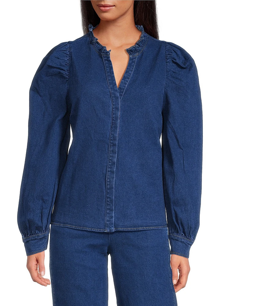 Sugarlips Jamie Stretch Denim Ruffle Split Neck Puff Sleeve Button Front Coordinating Shirt