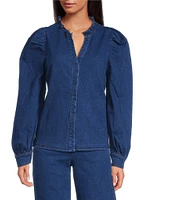 Sugarlips Jamie Stretch Denim Ruffle Split Neck Puff Sleeve Button Front Coordinating Shirt