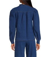 Sugarlips Jamie Stretch Denim Ruffle Split Neck Puff Sleeve Button Front Coordinating Shirt
