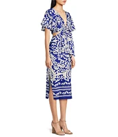 Sugarlips Joelle Mixed Print V-Neck Short Sleeve Front Tie Midi Dress
