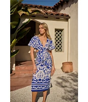 Sugarlips Joelle Mixed Print V-Neck Short Sleeve Front Tie Midi Dress