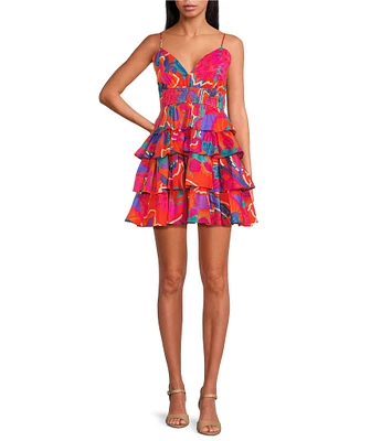 Sugarlips Kahlia Tropics Mavey Poplin Gauze Sweetheart Neck Sleeveless Tiered Ruffle Mini Dress