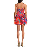 Sugarlips Kahlia Tropics Mavey Poplin Gauze Sweetheart Neck Sleeveless Tiered Ruffle Mini Dress