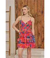 Sugarlips Kahlia Tropics Mavey Poplin Gauze Sweetheart Neck Sleeveless Tiered Ruffle Mini Dress