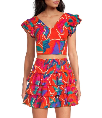 Sugarlips Kahlia Tropics Mavey V-Neck Ruffle Cap Sleeve Coordinating Crop Top