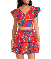 Sugarlips Kahlia Tropics Mavey V-Neck Ruffle Cap Sleeve Coordinating Crop Top