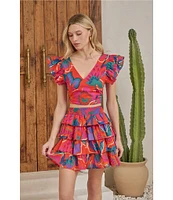Sugarlips Kahlia Tropics Mavey V-Neck Ruffle Cap Sleeve Coordinating Crop Top