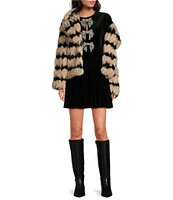 Sugarlips Kerry Faux Fur Stripe Notch Collar Neck Long Sleeve Cropped Jacket