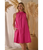 Sugarlips Keyla Trapeze Solid Taffeta Mock Neck Back Tie Bow Mini Dress