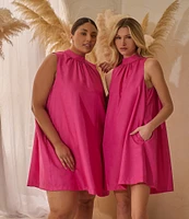 Sugarlips Keyla Trapeze Solid Taffeta Mock Neck Back Tie Bow Mini Dress