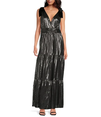 Sugarlips Liquid Satin Surplice V-Neck Sleeveless Velvet Shoulder Tie Tiered Hem Maxi Dress