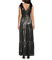 Sugarlips Liquid Satin Surplice V-Neck Sleeveless Velvet Shoulder Tie Tiered Hem Maxi Dress