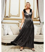 Sugarlips Liquid Satin Surplice V-Neck Sleeveless Velvet Shoulder Tie Tiered Hem Maxi Dress