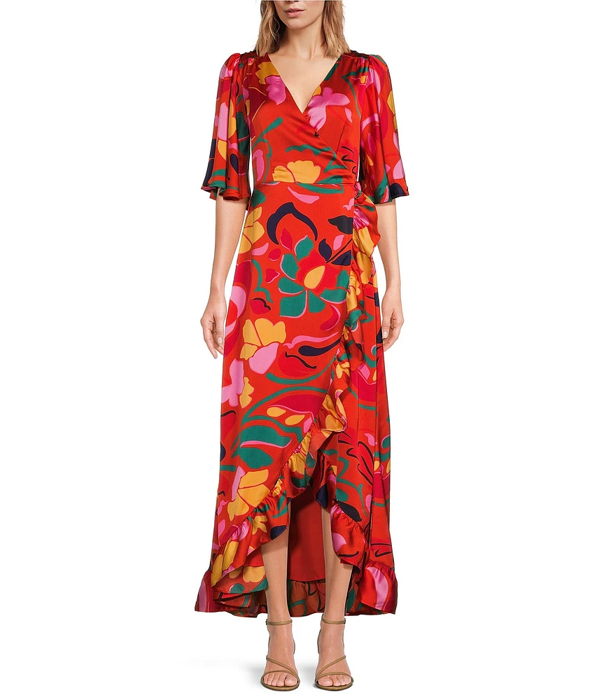 Sugarlips Love Abelia Satin Tropical Abstract Print V Neck Short Sleeve High-Low Ruffle Hem Midi Wrap Dress