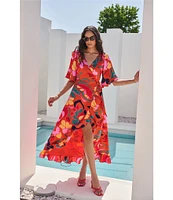 Sugarlips Love Abelia Satin Tropical Abstract Print V Neck Short Sleeve High-Low Ruffle Hem Midi Wrap Dress