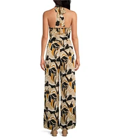 Sugarlips Madrone Matte Satin Abstract Floral Magic Moment Halter V-Neck Sleeveless Wide Leg Jumpsuit