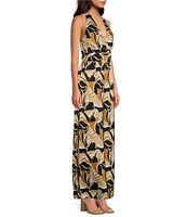 Sugarlips Madrone Matte Satin Abstract Floral Magic Moment Halter V-Neck Sleeveless Wide Leg Jumpsuit