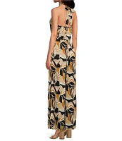 Sugarlips Madrone Matte Satin Abstract Floral Magic Moment Halter V-Neck Sleeveless Wide Leg Jumpsuit