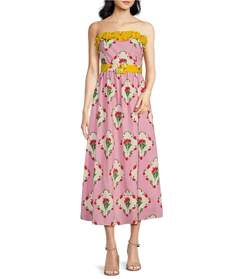 Sugarlips Maia Floral Beny Ruffle Strapless Belted Midi Dress