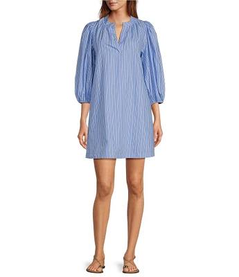 Sugarlips Malaga Victoria Striped Print Split V-Neck 3/4 Sleeve Poplin Mini Dress