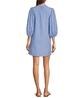 Sugarlips Malaga Victoria Striped Print Split V-Neck 3/4 Sleeve Poplin Mini Dress