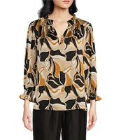 Sugarlips Matte Satin Abstract Print Split V-Neck 3/4 Sleeve Top