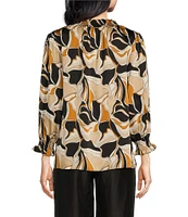 Sugarlips Matte Satin Abstract Print Split V-Neck 3/4 Sleeve Top