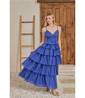 Sugarlips Mavey Cotton Poplin Smocked V-Neck Tiered Ruffle Maxi Dress