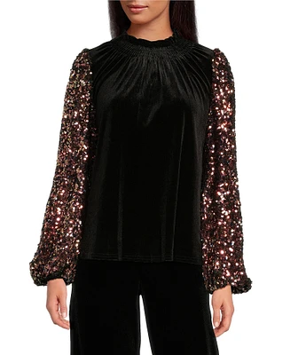 Sugarlips Michelle Velvet Mock Neck Sequin Long Sleeve Top