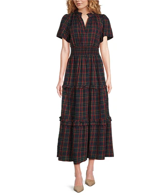 Sugarlips Miley Poplin Plaid Print Split V-Neck Short Sleeve Maxi Dress