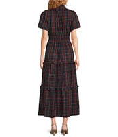 Sugarlips Miley Poplin Plaid Print Split V-Neck Short Sleeve Maxi Dress