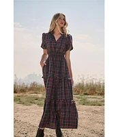 Sugarlips Miley Poplin Plaid Print Split V-Neck Short Sleeve Maxi Dress